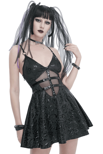 Punk V-Neck Dress With Lace-Up Back And Sexy Hollow Out